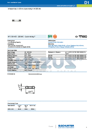 7010.3220 datasheet - Miniature Fuse, 5 x 20 mm, Quick-Acting F, NF, 220 VAC
