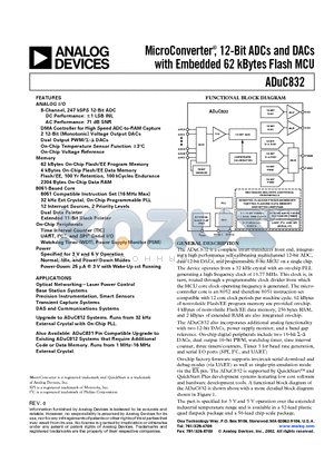 ADUC832 datasheet - MicroConverter, 12-Bit ADCs and DACs with Embedded 62 kBytes Flash MCU