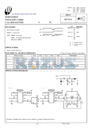 M3763A datasheet - HORN/SIREN WITH SOFT CHIRP 6 ALARM SOUNDS