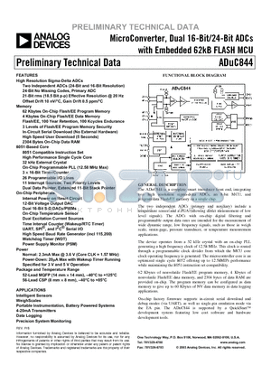 ADUC844BS62-5 datasheet - MicroConverter, Dual 16-Bit/24-Bit ADCs with Embedded 62kB FLASH MCU