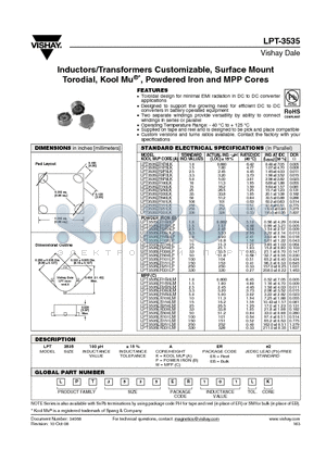 LPT3535ER100LP datasheet - Inductors/Transformers Customizable, Surface Mount Torodial, Kool Mu^*, Powdered Iron and MPP Cores