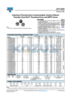 LPT3535ER250LK datasheet - Inductors/Transformers Customizable, Surface Mount Torodial, Kool Mu, Powdered Iron and MPP Cores