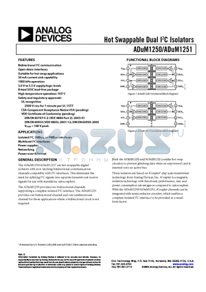 ADUM1251ARZ datasheet - Hot Swappable Dual I2C Isolators