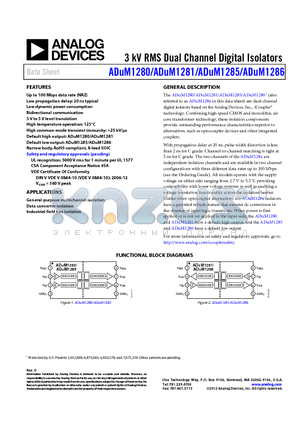 ADUM1280CRZ datasheet - 3 kV RMS Dual Channel Digital Isolators