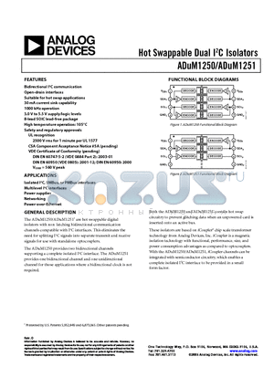 ADUM1250ARZ-RL7 datasheet - Hot Swappable Dual I2C Isolators