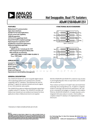 ADUM1251 datasheet - Hot Swappable, Dual I2C Isolators