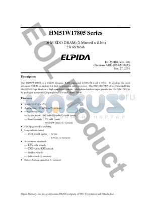 HM51W17805LS-5 datasheet - 16 M EDO DRAM (2-Mword x 8-bit) 2 k Refresh