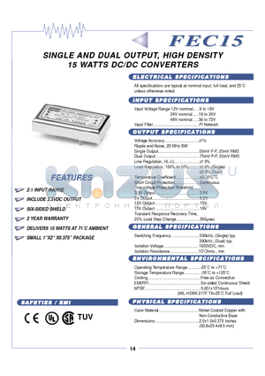 FEC15-12S12 datasheet - SIINGLE AND DUAL OUTPUT,, HIIGH DENSIITY 15 WATTS DC//DC CONVERTERS