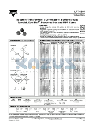 LPT4545ER100LP datasheet - Inductors/Transformers, Customizable, Surface Mount Torodial, Kool Mu^*, Powdered Iron and MPP Cores