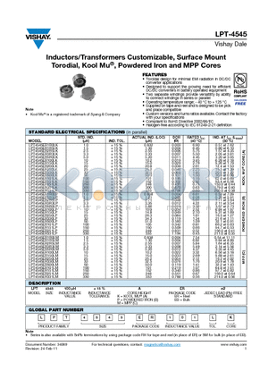 LPT4545ER101LM datasheet - Inductors/Transformers Customizable, Surface Mount Torodial, Kool Mu, Powdered Iron and MPP Cores