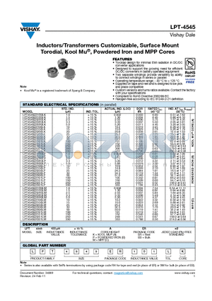 LPT4545ER150LK datasheet - Inductors/Transformers Customizable, Surface Mount Torodial, Kool Mu, Powdered Iron and MPP Cores