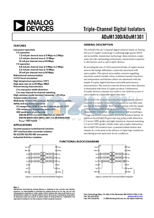 ADUM1301BRW datasheet - Triple-Channel Digital Isolators