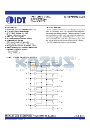 IDT54FCT245CL datasheet - FAST CMOS OCTAL BIDIRECTIONAL TRANSCEIVERS