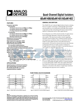 ADUM1400ARWZ datasheet - Quad-Channel Digital Isolators