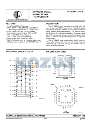 IDT54FCT245DB datasheet - 3.3V CMOS OCTAL BIDIRECTIONAL TRANSCEIVERS