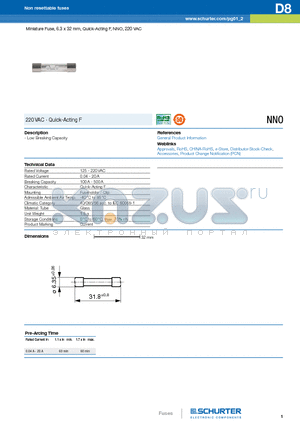 7015.1150 datasheet - Miniature Fuse, 6.3 x 32 mm, Quick-Acting F, NNO, 220 VAC