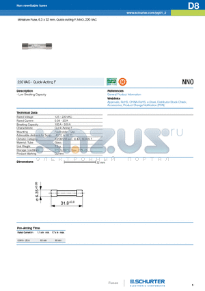 7015.1250 datasheet - Miniature Fuse, 6.3 x 32 mm, Quick-Acting F, NNO, 220 VAC