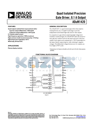 ADUM1420BRWZ datasheet - Quad Isolated Precision Gate Driver, 0.1 A Output