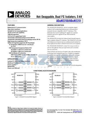 ADUM2251 datasheet - Hot-Swappable, Dual I2C Isolators, 5 kV