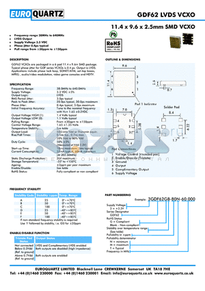 GDF62 datasheet - 11.4 x 9.6 x 2.5mm SMD VCXO