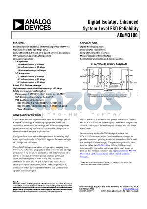 ADUM3100 datasheet - Digital Isolator, Enhanced System-Level ESD Reliability