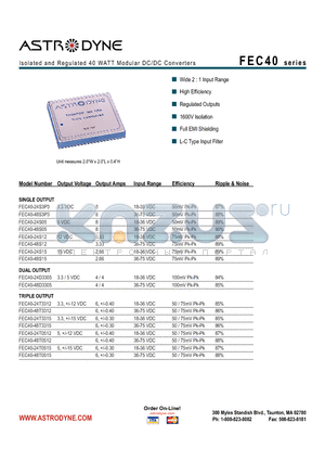 FEC40-24T3312 datasheet - Isolated and Regulated 40 WATT Modular DC/DC Converters