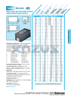 MIL4922-10L datasheet - High Current, MIL-PRF-27/367 Qualified Surface Mount Power Inductors