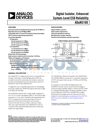 ADUM3100BRZ datasheet - Digital Isolator, Enhanced System-Level ESD Reliability