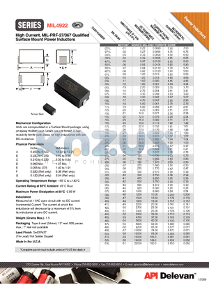 MIL4922-10L datasheet - High Current, MIL-PRF-27/367 Qualified Surface Mount Power Inductors