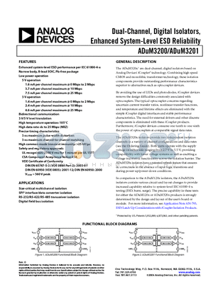 ADUM3200 datasheet - Dual-Channel, Digital Isolators, Enhanced System-Level ESD Reliability