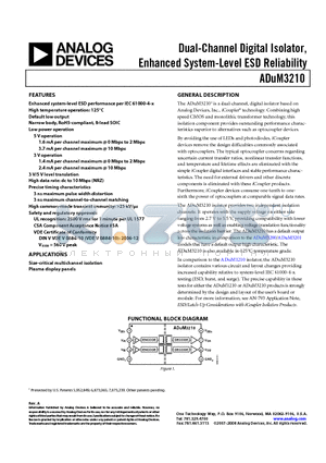 ADUM3210 datasheet - Dual-Channel Digital Isolator, Enhanced System-Level ESD Reliability