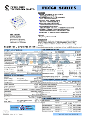 FEC60-48S12 datasheet - 60 WATTS MAXIMUM OUTPUT POWER