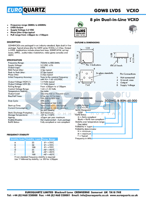 GDW8 datasheet - 8 pin Dual-in-Line VCXO