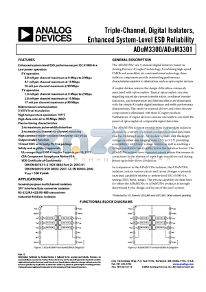 ADUM3301 datasheet - Triple-Channel, Digital Isolators, Enhanced System-Level ESD Reliability