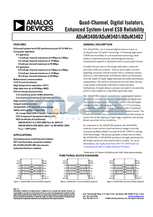 ADUM3402ARWZ datasheet - Quad-Channel, Digital Isolators, Enhanced System-Level ESD Reliability