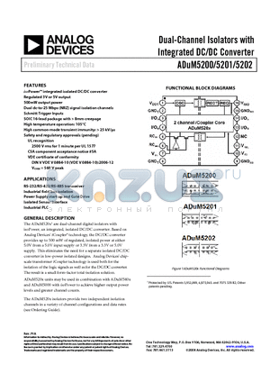 ADUM5200 datasheet - Dual-Channel Isolators with Integrated DC/DC Converter