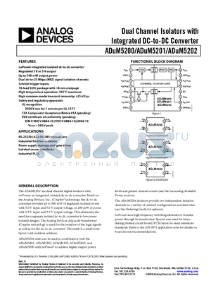 ADUM5200ARWZ datasheet - Dual Channel Isolators with Integrated DC-to-DC Converter