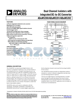 ADUM5202ARWZ datasheet - Dual Channel Isolators with Integrated DC-to-DC Converter