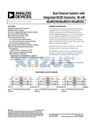 ADUM5240BRZ datasheet - Dual-Channel Isolators with Integrated DC/DC Converter, 50 mW