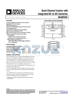 ADUM5400CRWZ2 datasheet - Quad-Channel Isolator with Integrated DC-to-DC Converter
