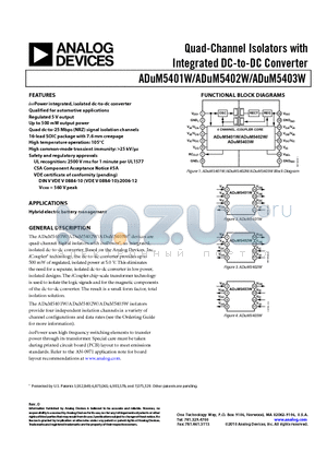 ADUM5401W datasheet - Quad-Channel Isolators with Integrated DC-to-DC Converter