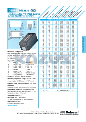 MIL8532-03L datasheet - High Current, MIL-PRF-27/370 Qualified Surface Mount Power Inductors