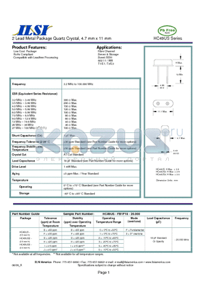 HC49US-BG3F18-20.000 datasheet - 2 Lead Metal Package Quartz Crystal, 4.7 mm x 11 mm