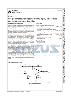 LPV531MKX datasheet - Programmable Micropower CMOS Input, Rail-to-Rail Output Operational Amplifier