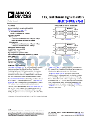 ADUM7241ARZ datasheet - 1 kV, Dual Channel Digital Isolators