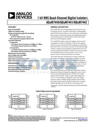 ADUM7440 datasheet - 1 kV RMS Quad-Channel Digital Isolators