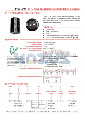 LPW103M1AO25V-W datasheet - 85 C Snap-In Aluminum Electrolytic Capacitors
