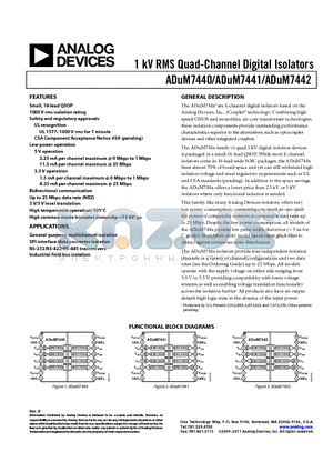 ADUM7442 datasheet - 1 kV RMS Quad-Channel Digital Isolators