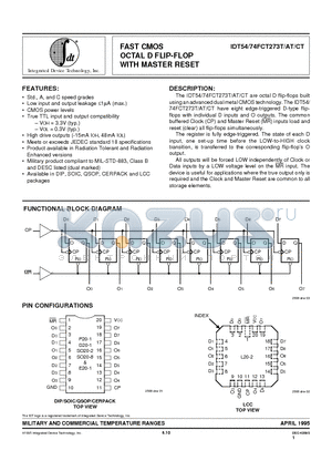 IDT54FCT273ATSOB datasheet - FAST CMOS OCTAL D FLIP-FLOP WITH MASTER RESET