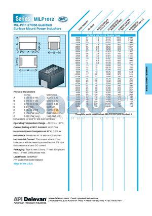 MILP1812-103K datasheet - MIL-PRF-27/368 Qualified Surface Mount Power Inductors